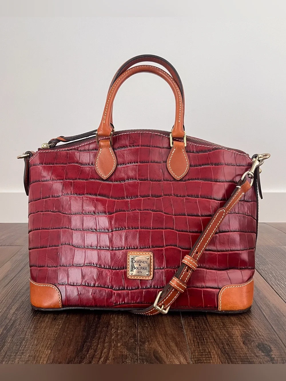 Dooney & Bourke Croc Embossed Leather Satchel Bag Dual Handle Long Strap 3C968